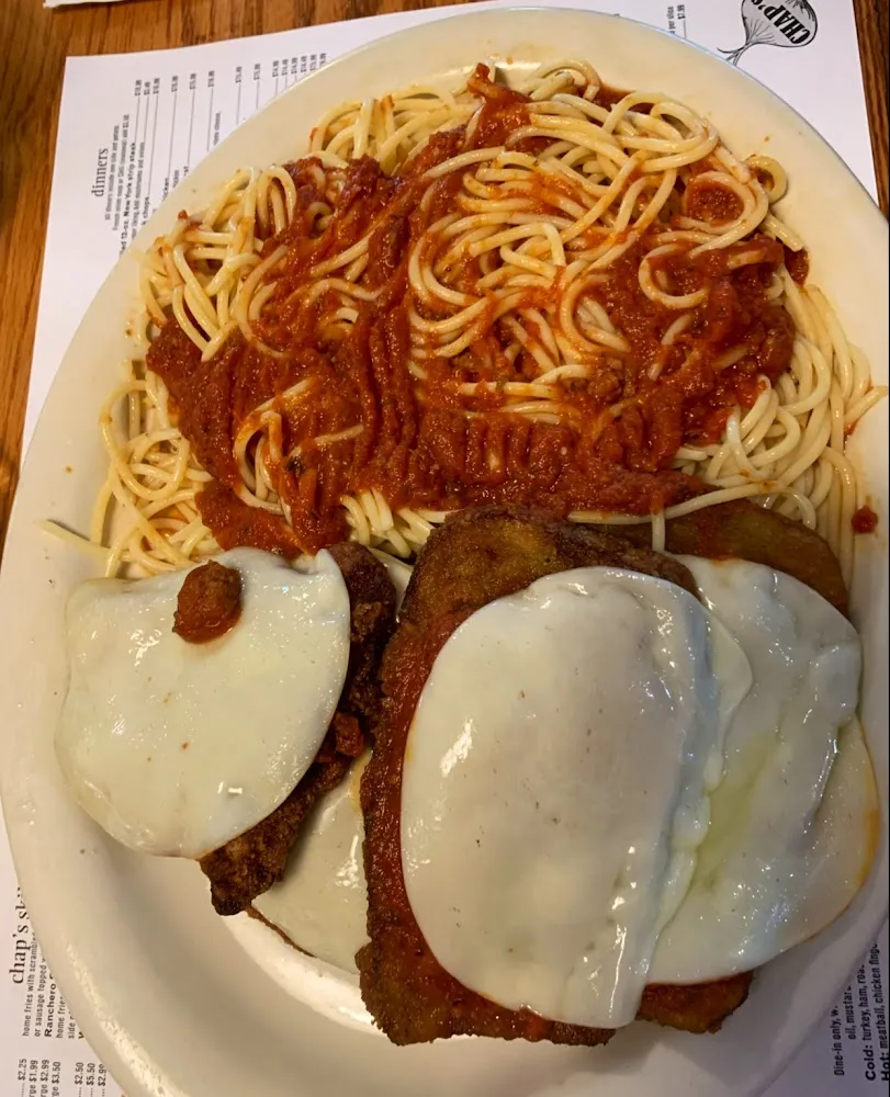 Egg Plant Parm Chicken Parm Spaghetti and Meatball or Sausage